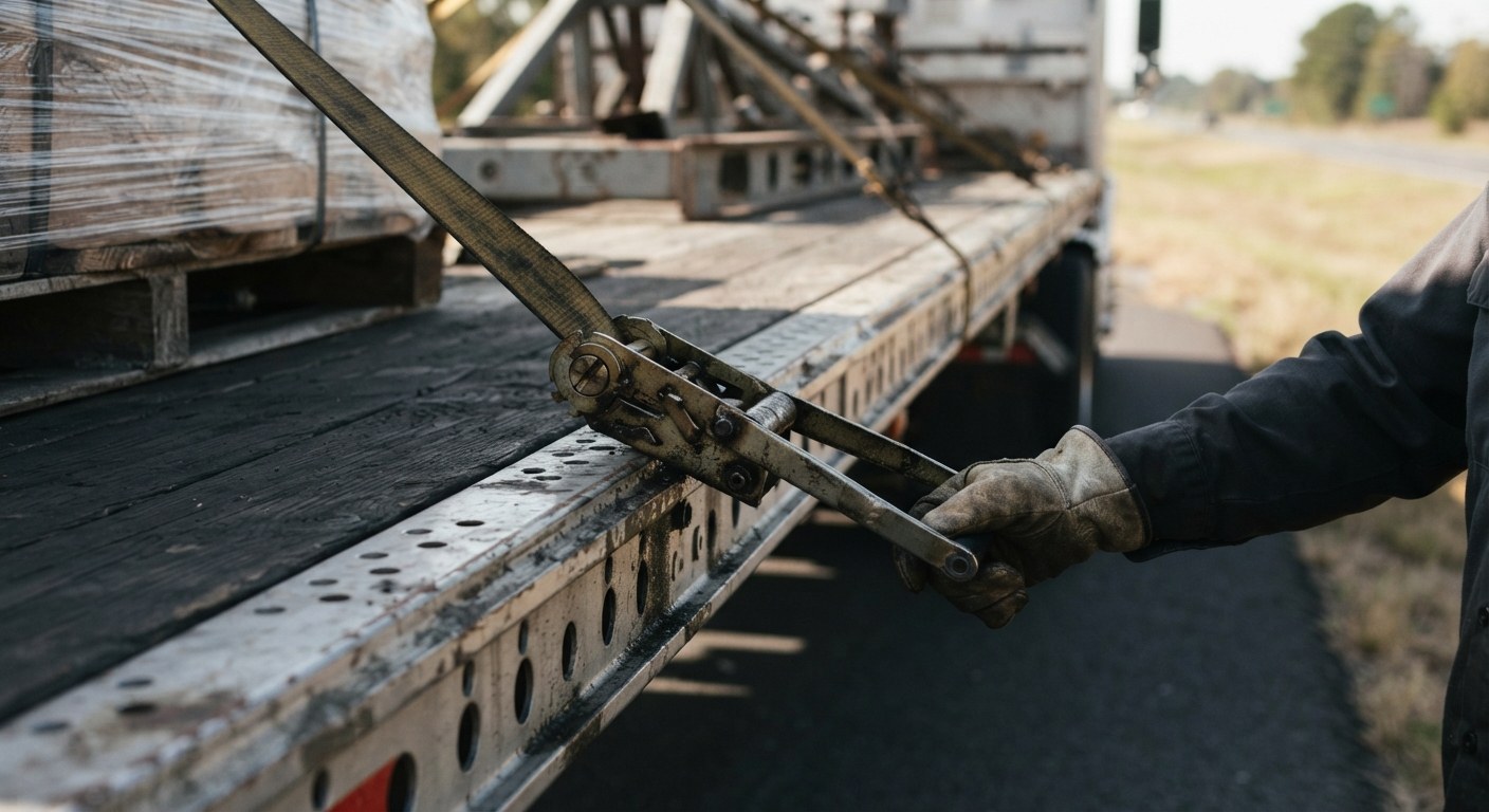 Ratchet and straps securing a flatbed load